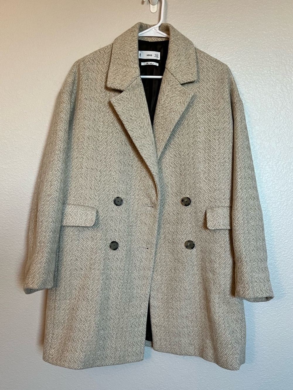 Mango Women’s Wool Blend Herringbone Double Breasted Coat Beige Size S